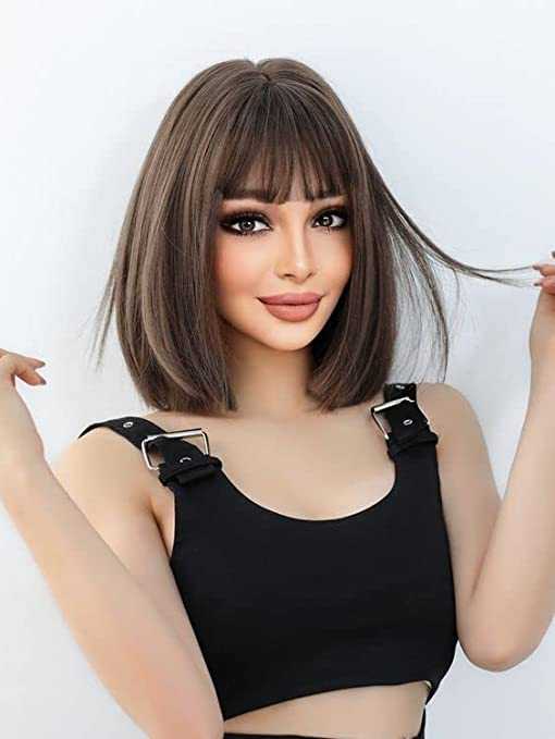 Medium Brown Bob Wig with Bangs Wig Store Synthetic Wig