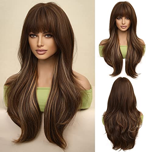 Long Brown Wig with Highlights Wig Store Synthetic Wig