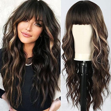 Wavy Dark Brown Synthetic Wig with bangs Wig Store All Products