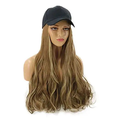 baseball cap with long curly wavy hair synthetic wig brown ombre