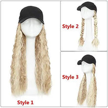 Load image into Gallery viewer, black baseball cap with 19 inch wavy hair extensions hat with corn wave hair / sandy blonde &amp; bleach blonde/corn wave hair
