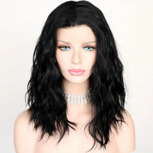 Load image into Gallery viewer, black wavy middle parting hand tied glueless heat resistant synthetic lace front wig 14inches