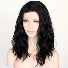 Load image into Gallery viewer, black wavy middle parting hand tied glueless heat resistant synthetic lace front wig