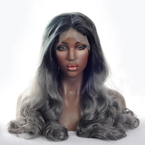 dark grey body wave synthetic lace front wig