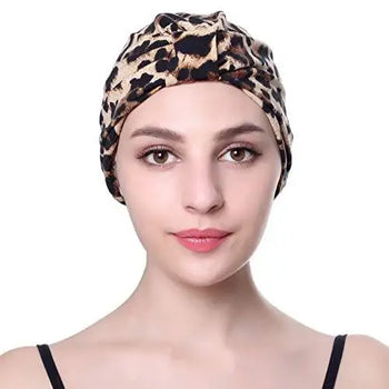 printed leopard and assorted print cotton turban sleep cap striped black
