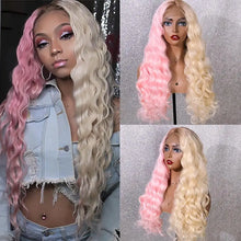 Load image into Gallery viewer, wavy half pink half blonde synthetic lace front wig
