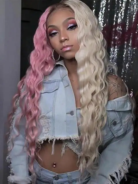 wavy half pink half blonde synthetic lace front wig