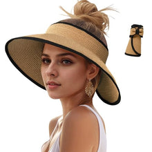 Load image into Gallery viewer, Women's UV UPF 50 Straw Sun Visor Hat Foldable Wide Brim Ponytail Summer Packable Travel
