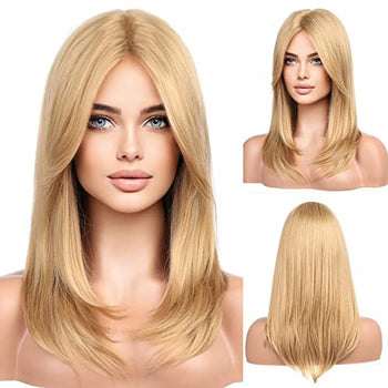 Layered Golden Blonde Wig with Curtain Bangs