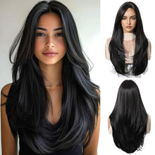 Load image into Gallery viewer, Long Dark Black Layered Wig with Bangs
