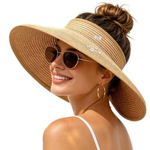 Load image into Gallery viewer, Women's UV UPF 50 Straw Sun Visor Hat Foldable Wide Brim Ponytail Summer Packable Travel
