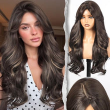 Load image into Gallery viewer, Long Wavy Wig With Bangs PuffPro Voluminous High Crown 4x4 Parting Latte Brown Balayage
