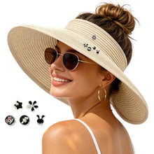 Load image into Gallery viewer, Women's UV UPF 50 Straw Sun Visor Hat Foldable Wide Brim Ponytail Summer Packable Travel
