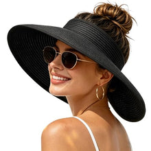 Load image into Gallery viewer, Women's UV UPF 50 Straw Sun Visor Hat Foldable Wide Brim Ponytail Summer Packable Travel
