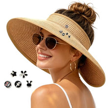 Load image into Gallery viewer, Women's UV UPF 50 Straw Sun Visor Hat Foldable Wide Brim Ponytail Summer Packable Travel
