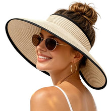 Load image into Gallery viewer, Women's UV UPF 50 Straw Sun Visor Hat Foldable Wide Brim Ponytail Summer Packable Travel
