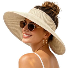 Load image into Gallery viewer, Women's UV UPF 50 Straw Sun Visor Hat Foldable Wide Brim Ponytail Summer Packable Travel
