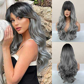 Long Wavy Ombre Grey Wig with Bangs Synthetic Wig Wig Store