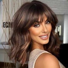 Load image into Gallery viewer, Mid Length Wavy Wig with Bangs and Highlights Synthetic Wig Wig Store
