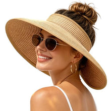 Load image into Gallery viewer, Women's UV UPF 50 Straw Sun Visor Hat Foldable Wide Brim Ponytail Summer Packable Travel

