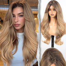 Load image into Gallery viewer, Long Wavy Wig With Bangs PuffPro Voluminous High Crown 4x4 Parting Latte Brown Balayage
