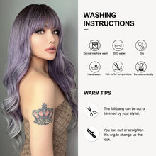 Load image into Gallery viewer, Heat Resistant 24 Inches Long Wavy Ombre Purple to Grey Wig with Bangs
