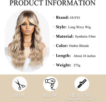 Load image into Gallery viewer, Ombre Blonde Long Wavy Wig with Curtain Bangs – Heat‑Resistant Synthetic Hair
