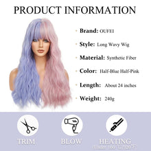 Load image into Gallery viewer, Heat Resistant 24 Inches Long Wavy Ombre Purple to Grey Wig with Bangs
