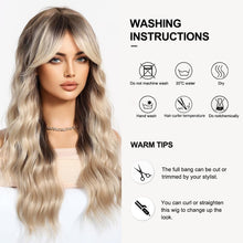 Load image into Gallery viewer, Ombre Blonde Long Wavy Wig with Curtain Bangs – Heat‑Resistant Synthetic Hair
