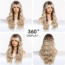 Load image into Gallery viewer, Ombre Blonde Long Wavy Wig with Curtain Bangs – Heat‑Resistant Synthetic Hair
