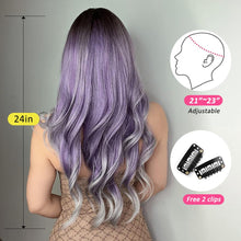 Load image into Gallery viewer, Heat Resistant 24 Inches Long Wavy Ombre Purple to Grey Wig with Bangs
