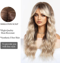 Load image into Gallery viewer, Ombre Blonde Long Wavy Wig with Curtain Bangs – Heat‑Resistant Synthetic Hair
