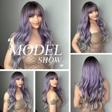 Load image into Gallery viewer, Heat Resistant 24 Inches Long Wavy Ombre Purple to Grey Wig with Bangs
