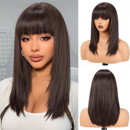 Topshe Brown Glueless Heat‑Resistant Synthetic Wig 18‑Inch Shoulder‑Length