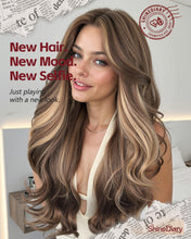 Load image into Gallery viewer, Long Wavy Wig With Bangs PuffPro Voluminous High Crown 4x4 Parting Latte Brown Balayage

