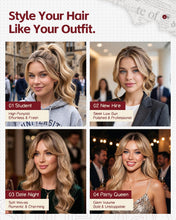 Load image into Gallery viewer, Long Wavy Wig With Bangs PuffPro Voluminous High Crown 4x4 Parting Latte Brown Balayage

