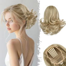 Load image into Gallery viewer, BARSDAR Short Blonde Ponytail - 10 Inch Wavy Drawstring Ponytail Hair Extensions for Women - Synthetic Comb Clip in Ponytail Hairpieces Fake Pony Tails Daily - Light Ash Blonde with Highlights
