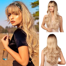 Load image into Gallery viewer, Heat Resistant 24 Inches Long Wavy Ombre Purple to Grey Wig with Bangs
