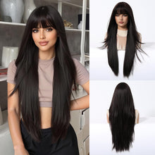 Load image into Gallery viewer, Extra long straight synthetic wig with bangs in black – 28 inch
