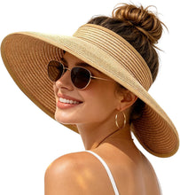 Load image into Gallery viewer, Women's UV UPF 50 Straw Sun Visor Hat Foldable Wide Brim Ponytail Summer Packable Travel
