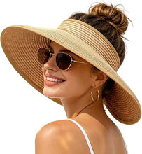 Load image into Gallery viewer, Women's UV UPF 50 Straw Sun Visor Hat Foldable Wide Brim Ponytail Summer Packable Travel
