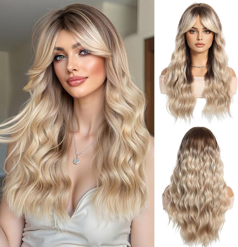 Ombre Blonde Long Wavy Wig with Curtain Bangs – Heat‑Resistant Synthetic Hair