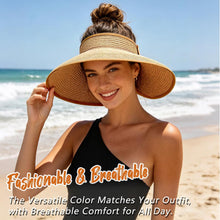 Load image into Gallery viewer, Women's UV UPF 50 Straw Sun Visor Hat Foldable Wide Brim Ponytail Summer Packable Travel
