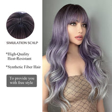 Load image into Gallery viewer, Heat Resistant 24 Inches Long Wavy Ombre Purple to Grey Wig with Bangs
