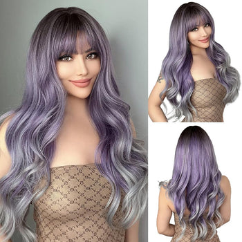 Heat Resistant 24 Inches Long Wavy Ombre Purple to Grey Wig with Bangs