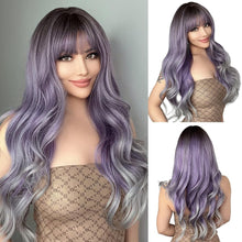 Load image into Gallery viewer, Heat Resistant 24 Inches Long Wavy Ombre Purple to Grey Wig with Bangs
