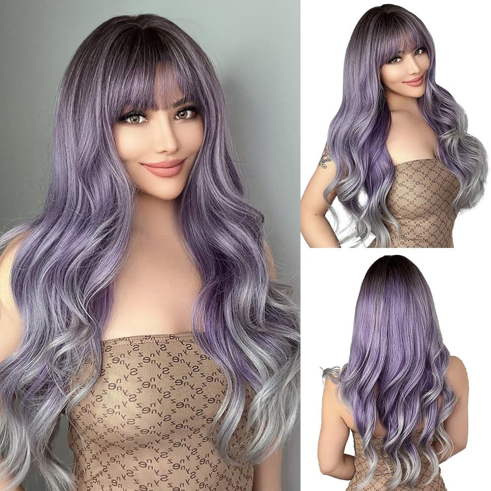 Heat Resistant 24 Inches Long Wavy Ombre Purple to Grey Wig with Bangs