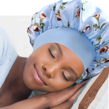 Load image into Gallery viewer, Silk Sleep Bonnet Duo – Blue Satin for Curly Hair
