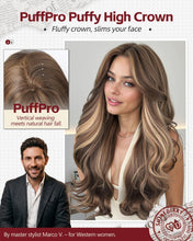 Load image into Gallery viewer, Long Wavy Wig With Bangs PuffPro Voluminous High Crown 4x4 Parting Latte Brown Balayage
