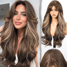 Load image into Gallery viewer, Long Wavy Wig With Bangs PuffPro Voluminous High Crown 4x4 Parting Latte Brown Balayage
